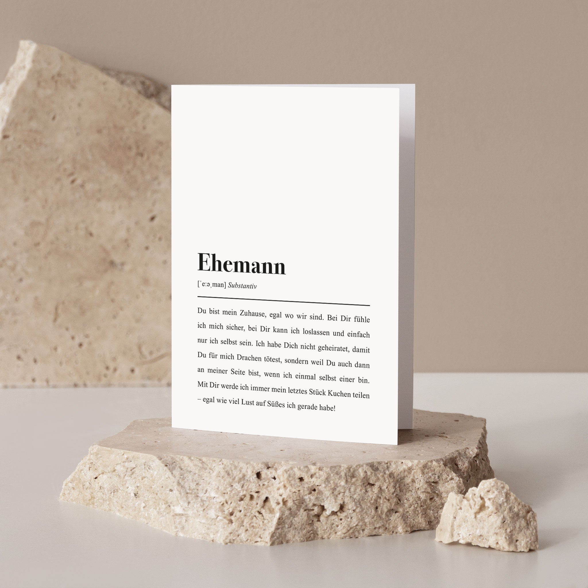 Spruch-Karte im Stil einer Worterklärung mit Synonym für das Wort "Ehemann"