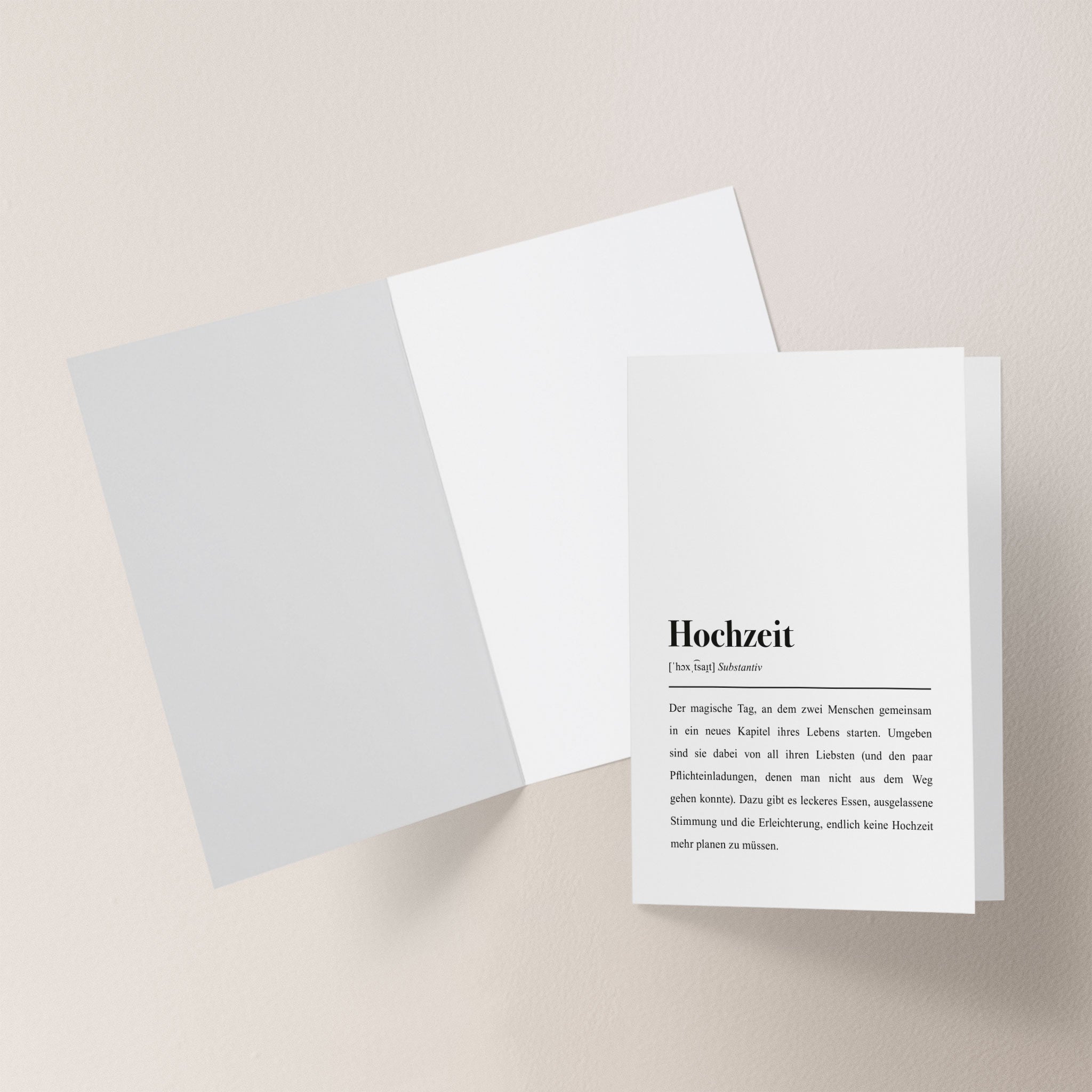Hochzeitskarte zum Aufklappen mit Definition des Wortes "Hochzeit" im Wörterbuch Stil