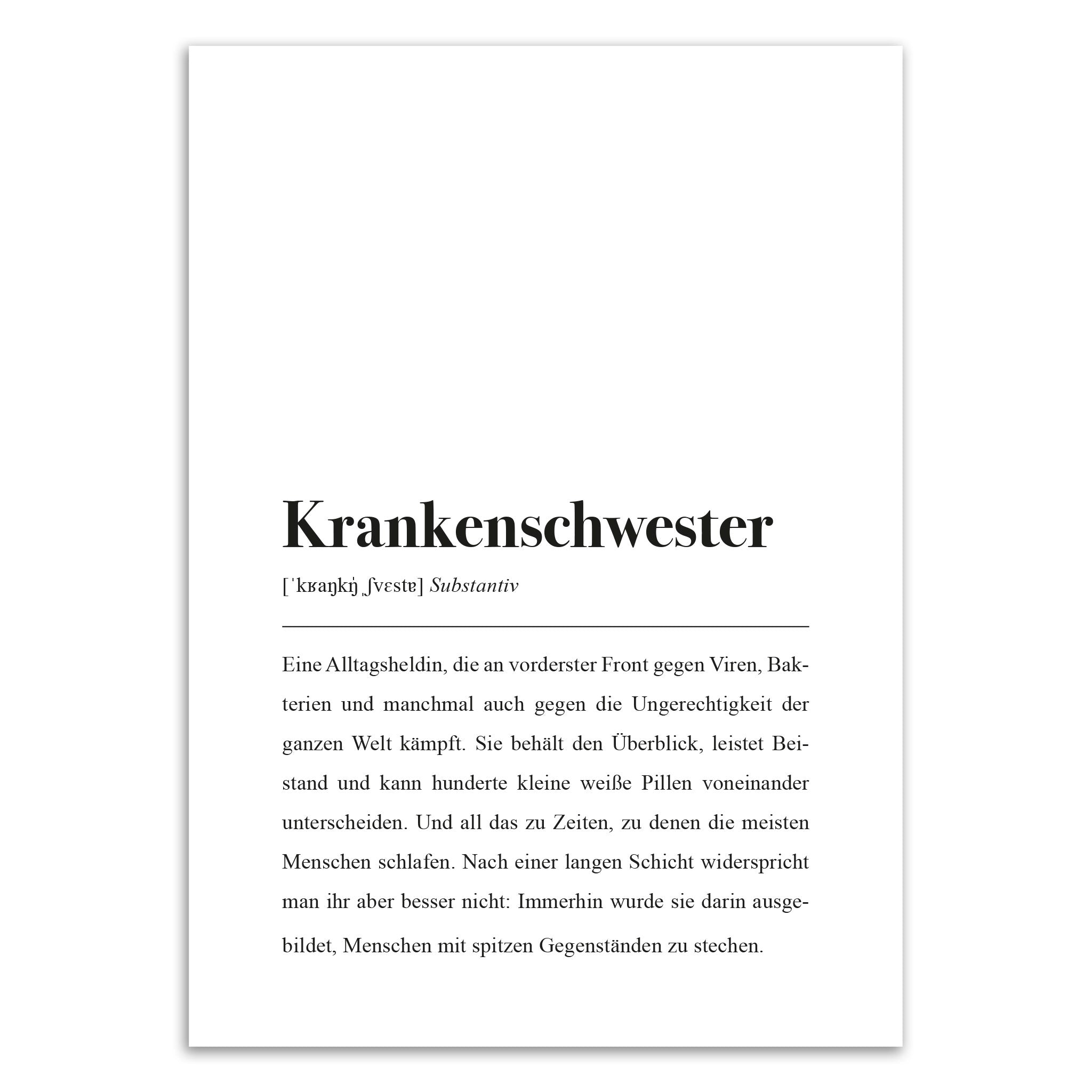 Krankenschwester DIN A4 Poster: Krankenschwester Definition als B-Ware/2. Wahl