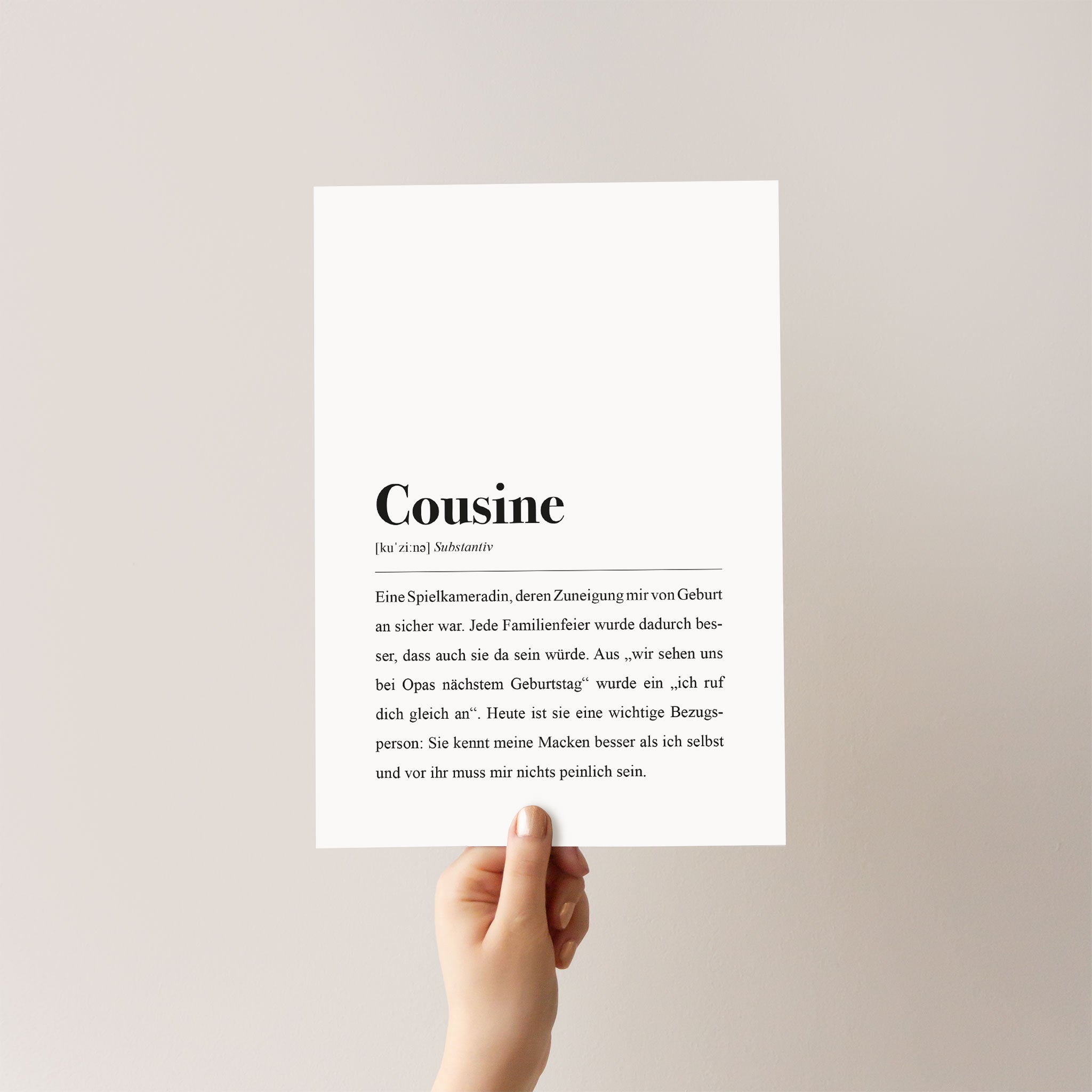 Geburtstagsgeschenk für Cousinen: Plakat mit Worterklärung "Cousine"